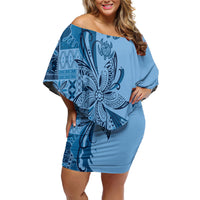 Talofa Samoa Mamanu Siapo Mix Malu Family Matching Off Shoulder Short Dress and Hawaiian Shirt Cool Blue Frangipani and Turtles LT7 Mom's Dress Blue - Polynesian Pride