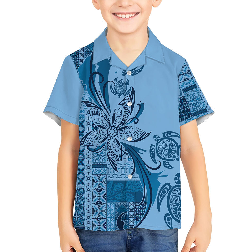 Talofa Samoa Mamanu Siapo Mix Malu Family Matching Off Shoulder Short Dress and Hawaiian Shirt Cool Blue Frangipani and Turtles LT7 Son's Shirt Blue - Polynesian Pride