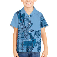 Talofa Samoa Mamanu Siapo Mix Malu Family Matching Off Shoulder Short Dress and Hawaiian Shirt Cool Blue Frangipani and Turtles LT7 Son's Shirt Blue - Polynesian Pride
