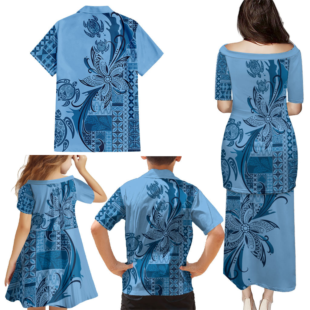 Talofa Samoa Mamanu Siapo Mix Malu Family Matching Puletasi and Hawaiian Shirt Cool Blue Frangipani and Turtles LT7 - Polynesian Pride