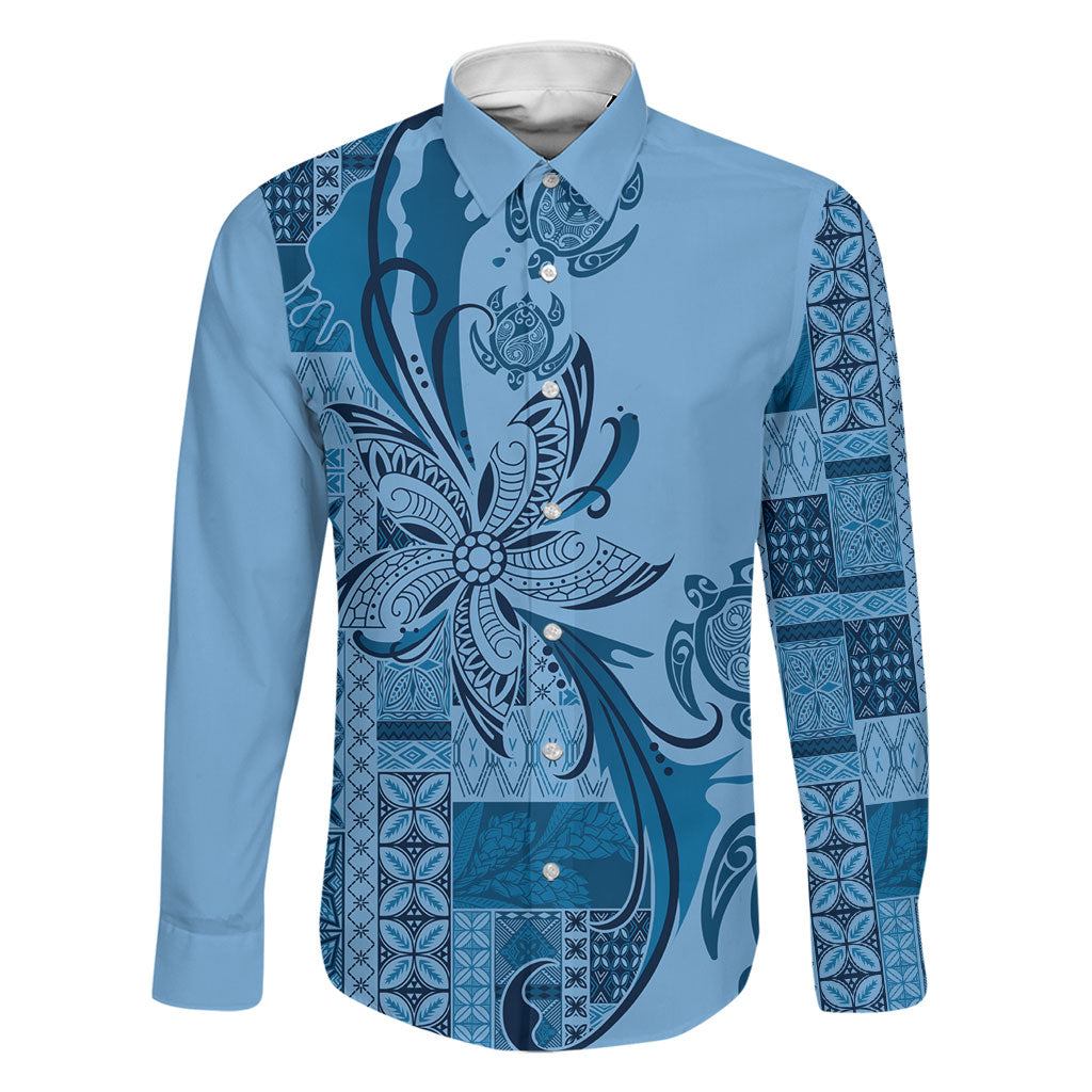 Talofa Samoa Mamanu Siapo Mix Malu Family Matching Puletasi and Hawaiian Shirt Cool Blue Frangipani and Turtles LT7 Dad's Shirt - Long Sleeve Blue - Polynesian Pride