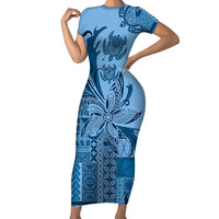 Talofa Samoa Mamanu Siapo Mix Malu Family Matching Short Sleeve Bodycon Dress and Hawaiian Shirt Cool Blue Frangipani and Turtles LT7 Mom's Dress Blue - Polynesian Pride