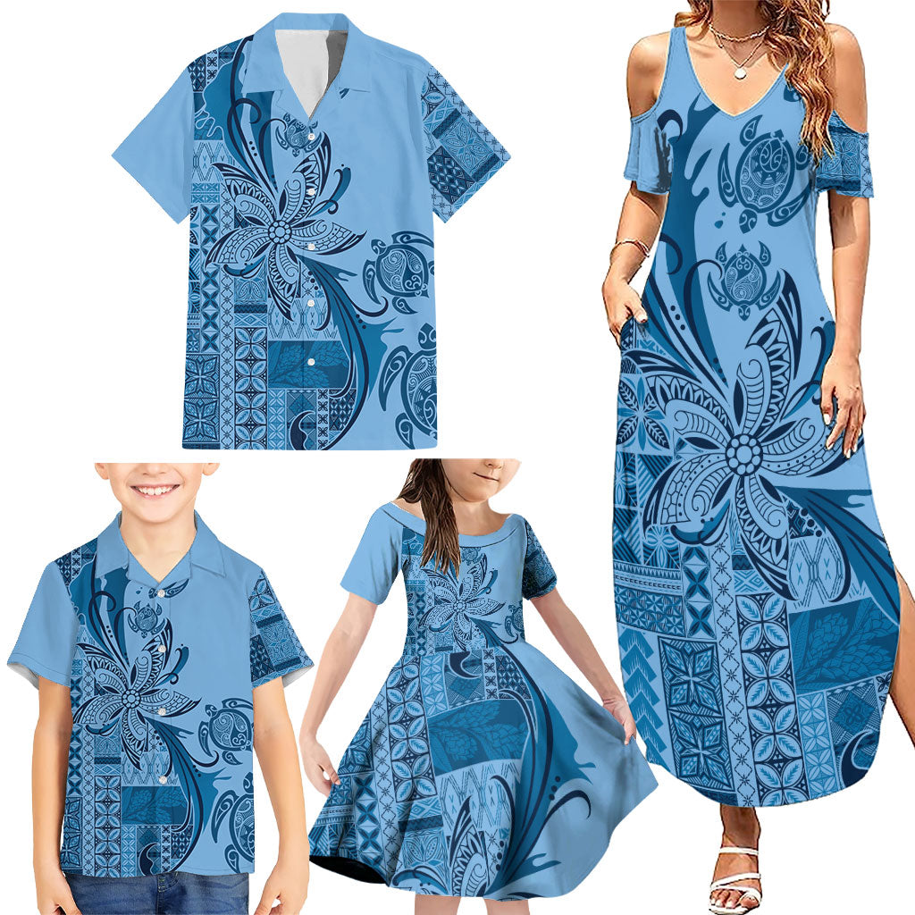 Talofa Samoa Mamanu Siapo Mix Malu Family Matching Summer Maxi Dress and Hawaiian Shirt Cool Blue Frangipani and Turtles LT7 - Polynesian Pride