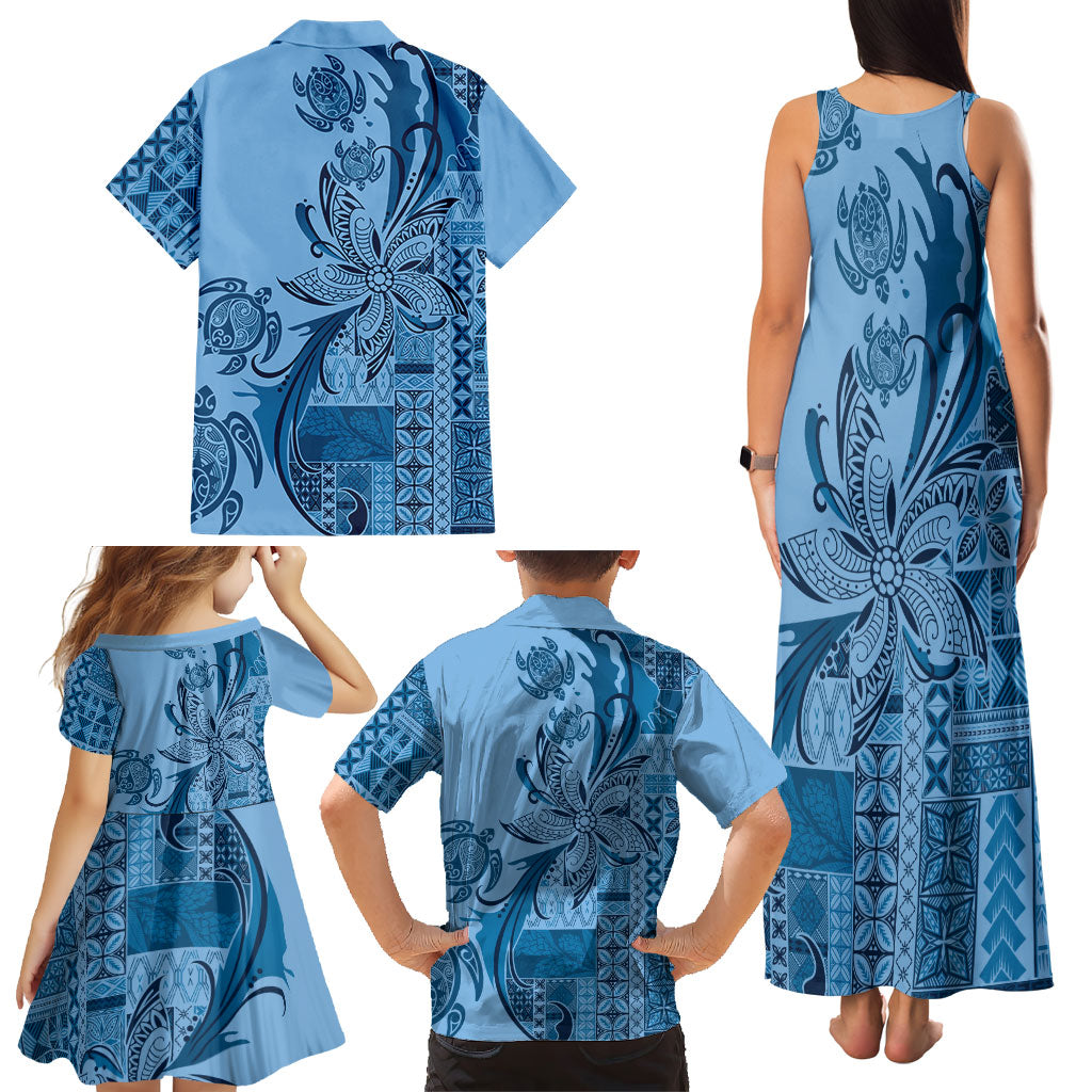 Talofa Samoa Mamanu Siapo Mix Malu Family Matching Tank Maxi Dress and Hawaiian Shirt Cool Blue Frangipani and Turtles LT7 - Polynesian Pride