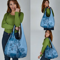 Talofa Samoa Mamanu Siapo Mix Malu Grocery Bag Cool Blue Frangipani and Turtles