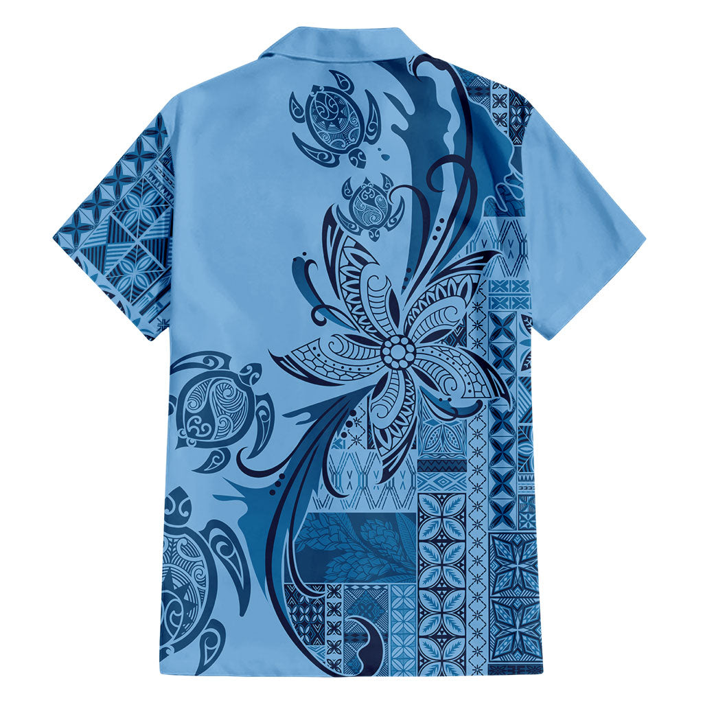 Talofa Samoa Mamanu Siapo Mix Malu Hawaiian Shirt Cool Blue Frangipani and Turtles