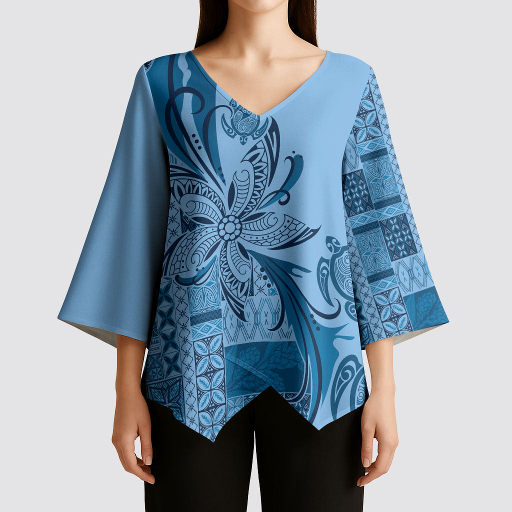 Talofa Samoa Mamanu Siapo Mix Malu Kimono Sleeve Blouse Cool Blue Frangipani and Turtles