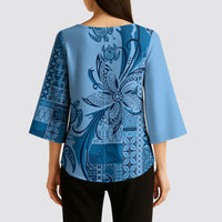 Talofa Samoa Mamanu Siapo Mix Malu Kimono Sleeve Blouse Cool Blue Frangipani and Turtles