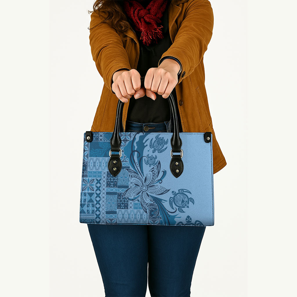 Talofa Samoa Mamanu Siapo Mix Malu Leather Bag Cool Blue Frangipani and Turtles