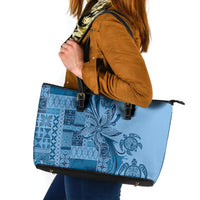Talofa Samoa Mamanu Siapo Mix Malu Leather Tote Bag Cool Blue Frangipani and Turtles