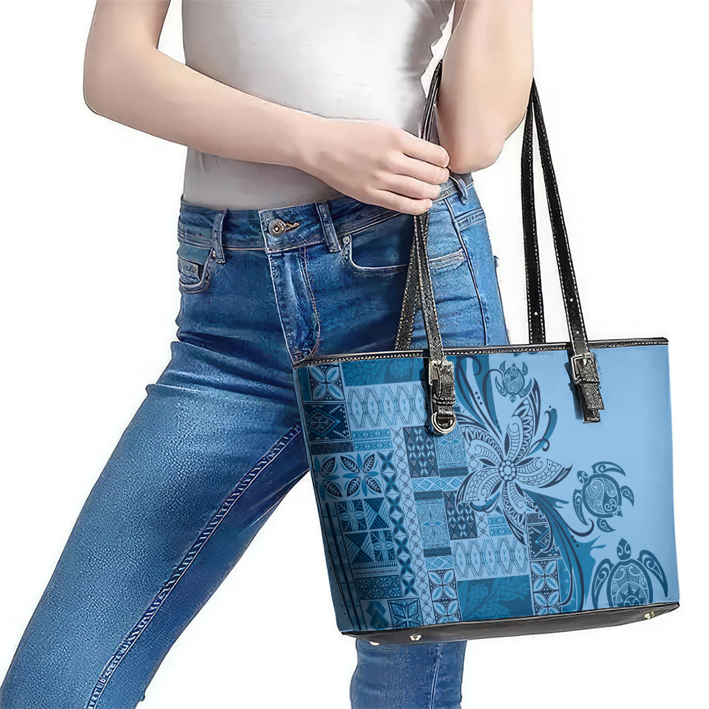 Talofa Samoa Mamanu Siapo Mix Malu Leather Tote Bag Cool Blue Frangipani and Turtles