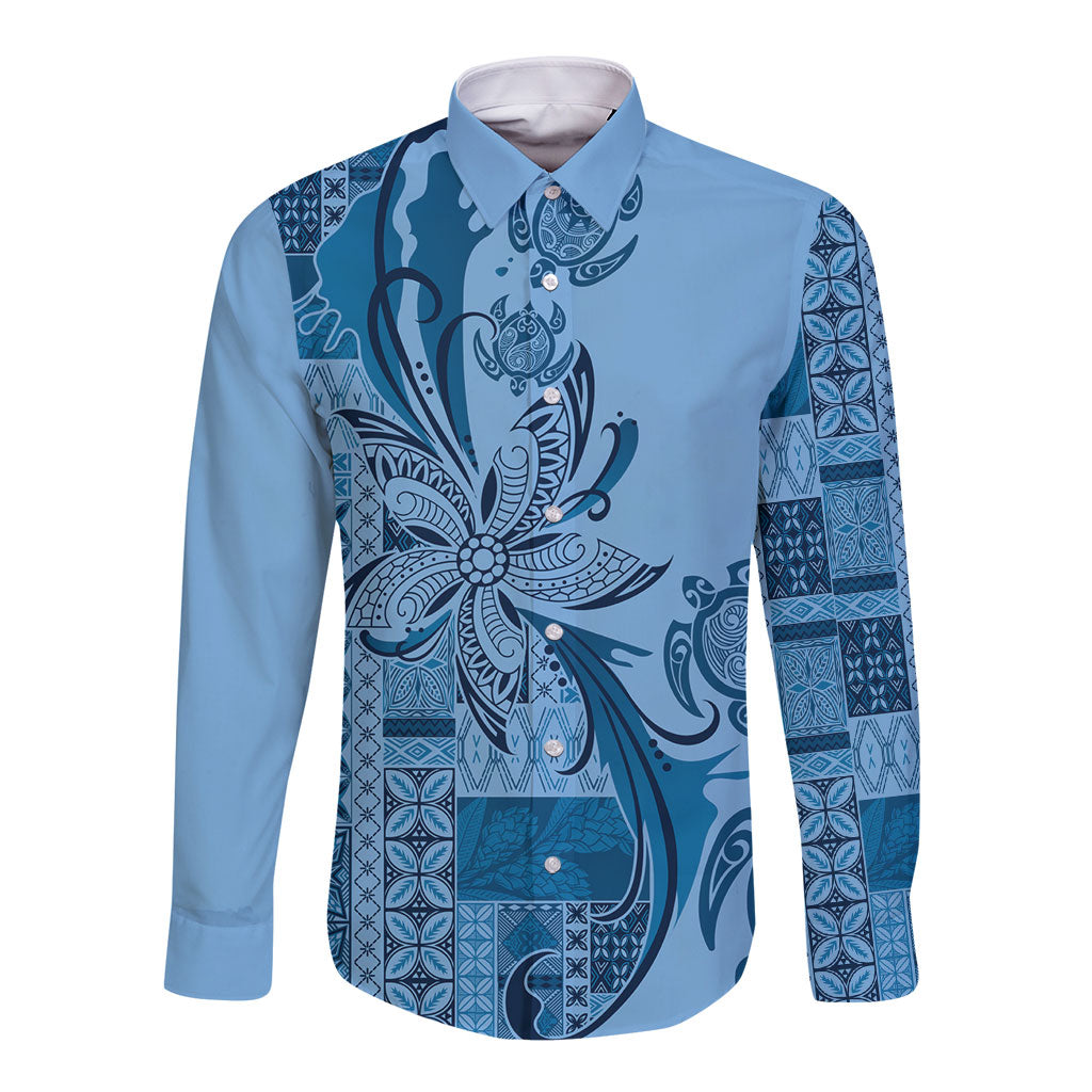 Talofa Samoa Mamanu Siapo Mix Malu Long Sleeve Button Shirt Cool Blue Frangipani and Turtles