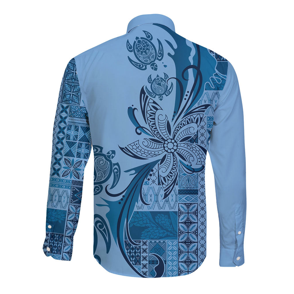 Talofa Samoa Mamanu Siapo Mix Malu Long Sleeve Button Shirt Cool Blue Frangipani and Turtles