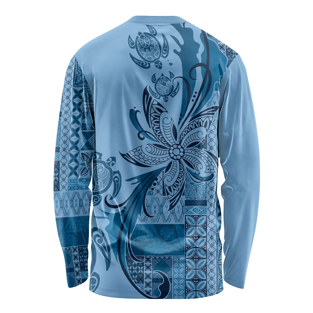 Talofa Samoa Mamanu Siapo Mix Malu Long Sleeve Shirt Cool Blue Frangipani and Turtles LT7 - Polynesian Pride