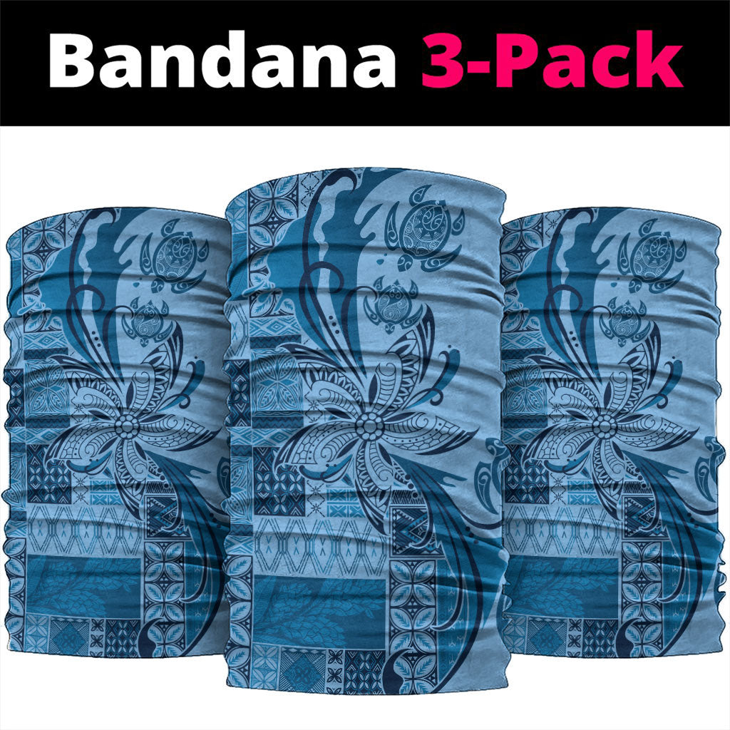 Talofa Samoa Mamanu Siapo Mix Malu Neck Gaiter Cool Blue Frangipani and Turtles