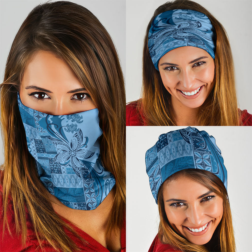 Talofa Samoa Mamanu Siapo Mix Malu Neck Gaiter Cool Blue Frangipani and Turtles