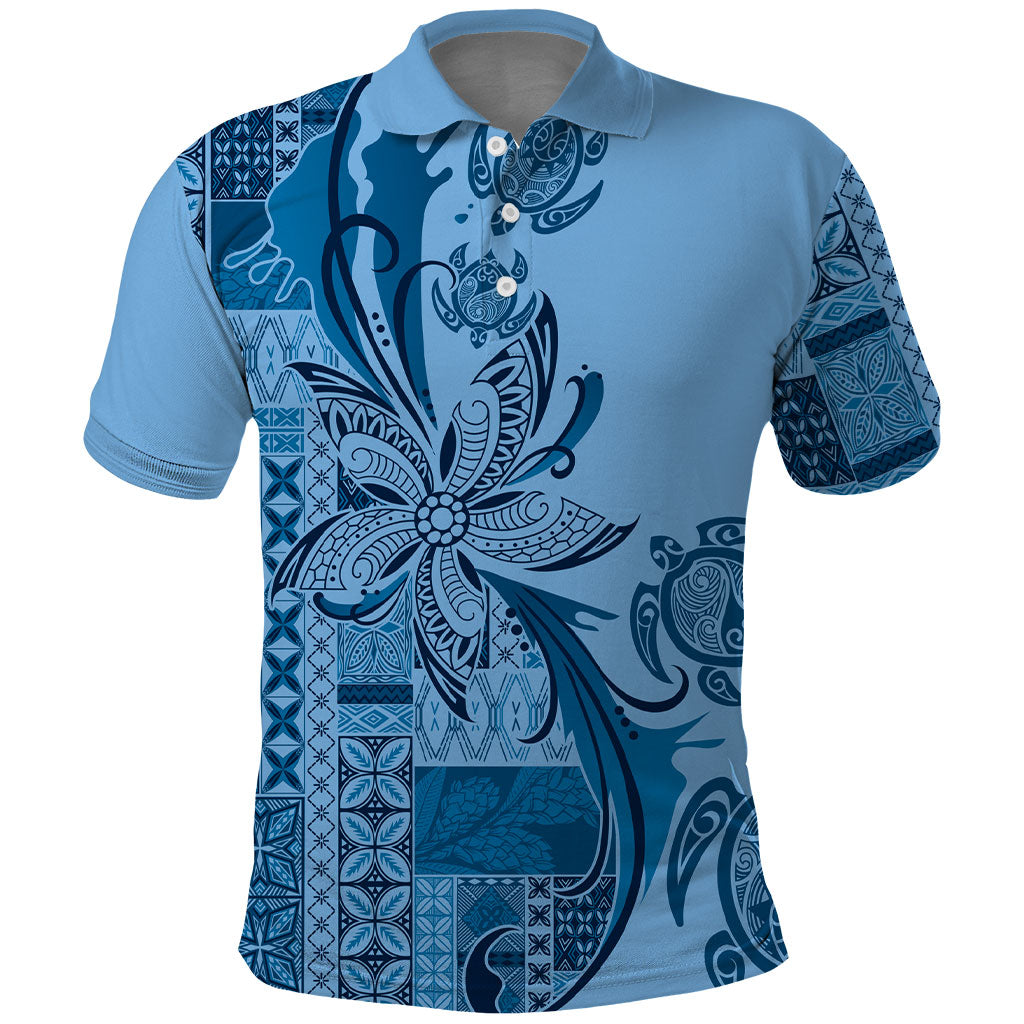 Talofa Samoa Mamanu Siapo Mix Malu Polo Shirt Cool Blue Frangipani and Turtles