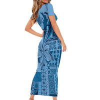 Talofa Samoa Mamanu Siapo Mix Malu Short Sleeve Bodycon Dress Cool Blue Frangipani and Turtles