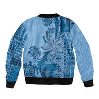 Talofa Samoa Mamanu Siapo Mix Malu Sleeve Zip Bomber Jacket Cool Blue Frangipani and Turtles