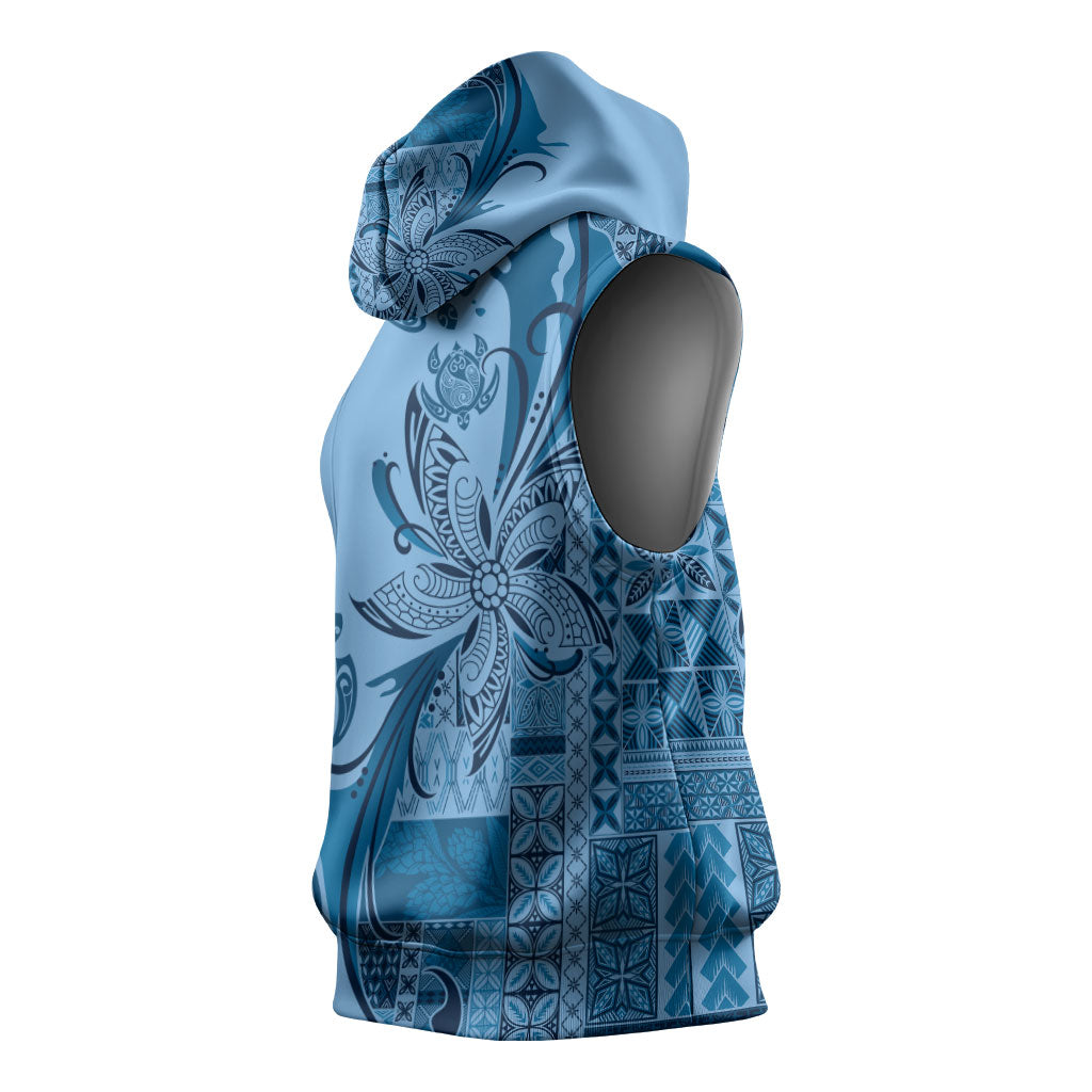 Talofa Samoa Mamanu Siapo Mix Malu Sleeveless Hoodie Cool Blue Frangipani and Turtles