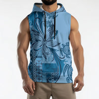 Talofa Samoa Mamanu Siapo Mix Malu Sleeveless Hoodie Cool Blue Frangipani and Turtles