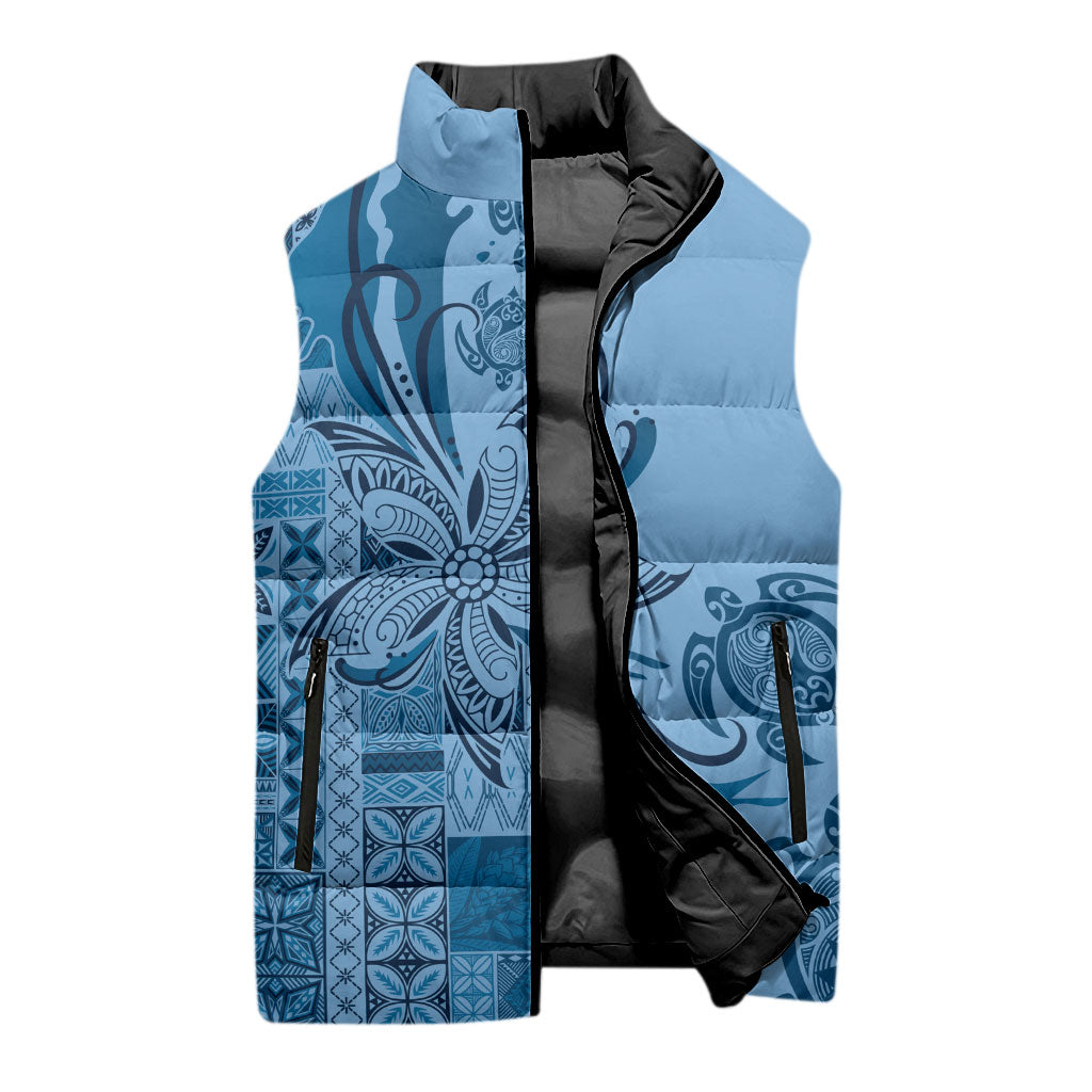 Talofa Samoa Mamanu Siapo Mix Malu Sleeveless Puffer Jacket Cool Blue Frangipani and Turtles