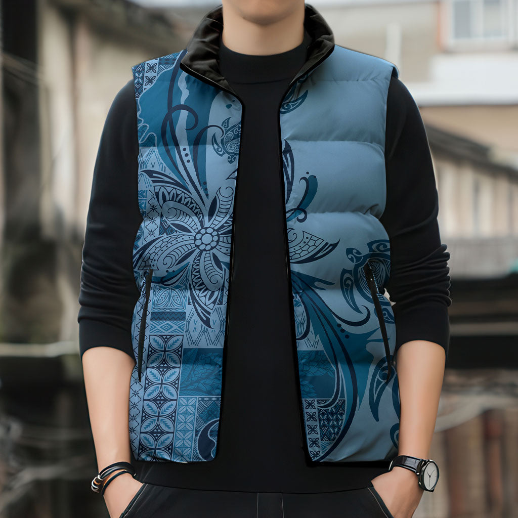 Talofa Samoa Mamanu Siapo Mix Malu Sleeveless Puffer Jacket Cool Blue Frangipani and Turtles