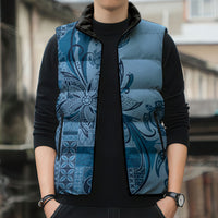Talofa Samoa Mamanu Siapo Mix Malu Sleeveless Puffer Jacket Cool Blue Frangipani and Turtles