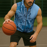 Talofa Samoa Mamanu Siapo Mix Malu Sleeveless Zip Hoodie Cool Blue Frangipani and Turtles