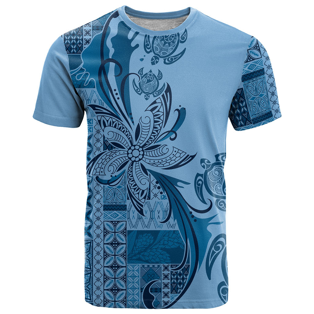 Talofa Samoa Mamanu Siapo Mix Malu T Shirt Cool Blue Frangipani and Turtles