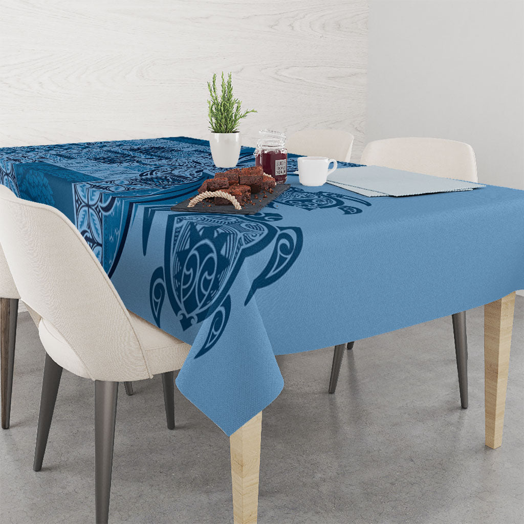Talofa Samoa Mamanu Siapo Mix Malu Tablecloth Cool Blue Frangipani and Turtles
