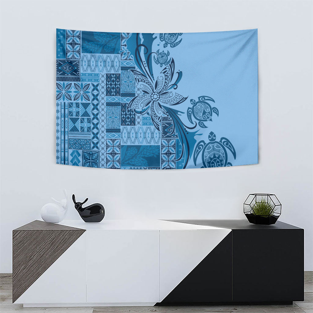 Talofa Samoa Mamanu Siapo Mix Malu Tapestry Cool Blue Frangipani and Turtles