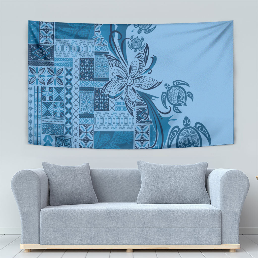 Talofa Samoa Mamanu Siapo Mix Malu Tapestry Cool Blue Frangipani and Turtles