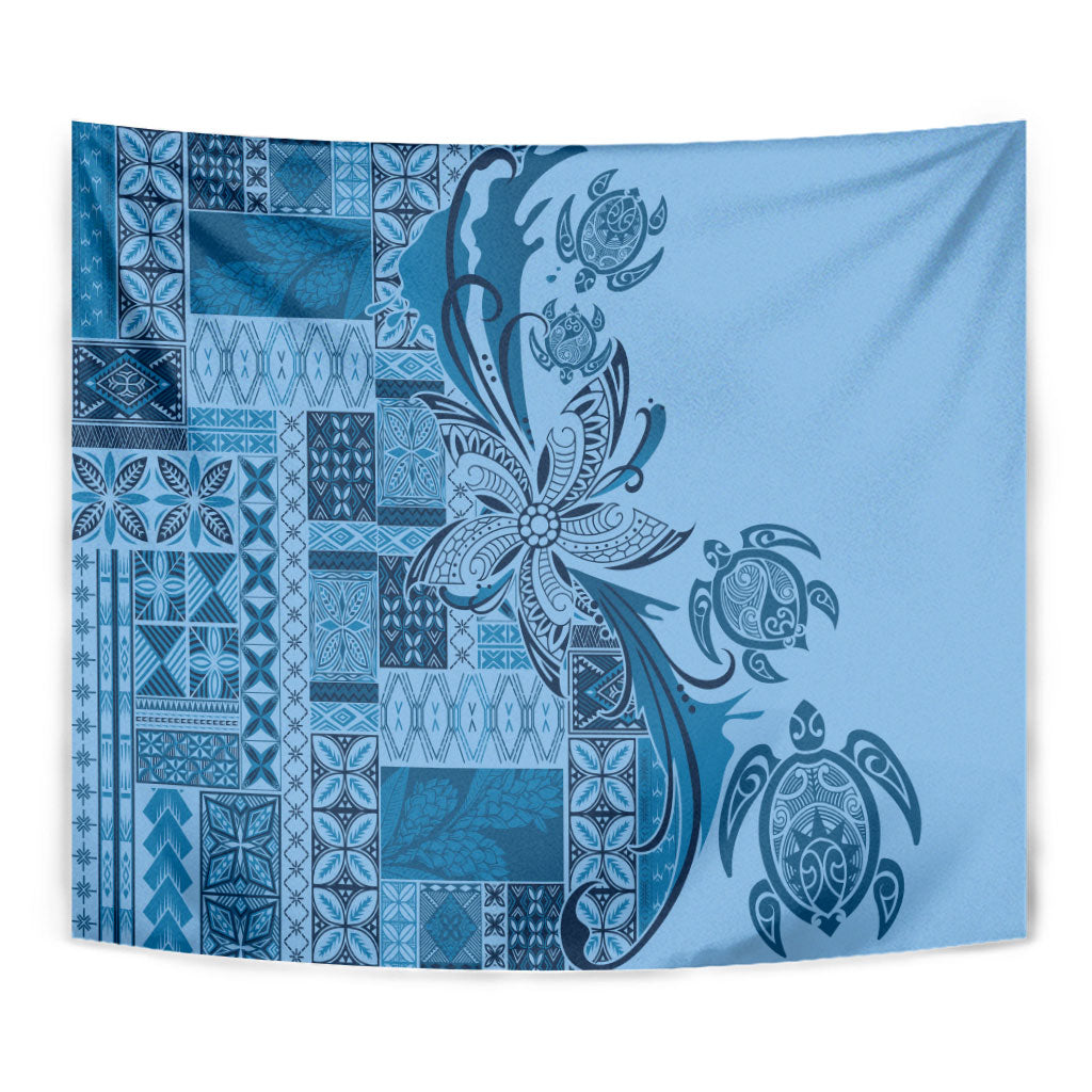 Talofa Samoa Mamanu Siapo Mix Malu Tapestry Cool Blue Frangipani and Turtles