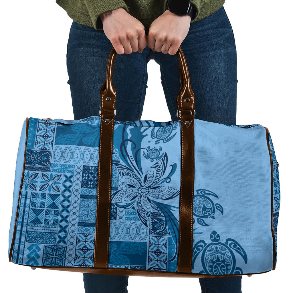 Talofa Samoa Mamanu Siapo Mix Malu Travel Bag Cool Blue Frangipani and Turtles