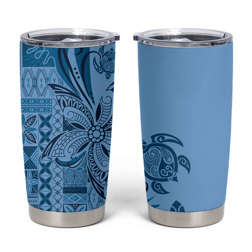Talofa Samoa Mamanu Siapo Mix Malu Tumbler Cup Cool Blue Frangipani and Turtles LT7 Blue - Polynesian Pride