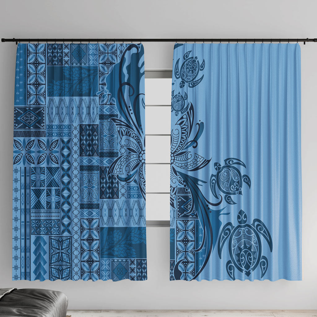 Talofa Samoa Mamanu Siapo Mix Malu Window Curtain Cool Blue Frangipani and Turtles