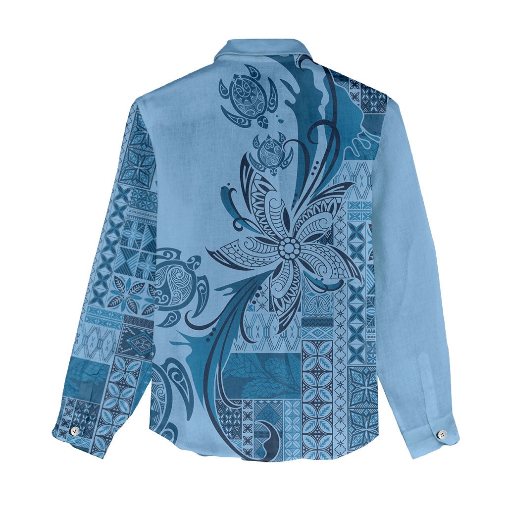 Talofa Samoa Mamanu Siapo Mix Malu Women Casual Shirt Cool Blue Frangipani and Turtles