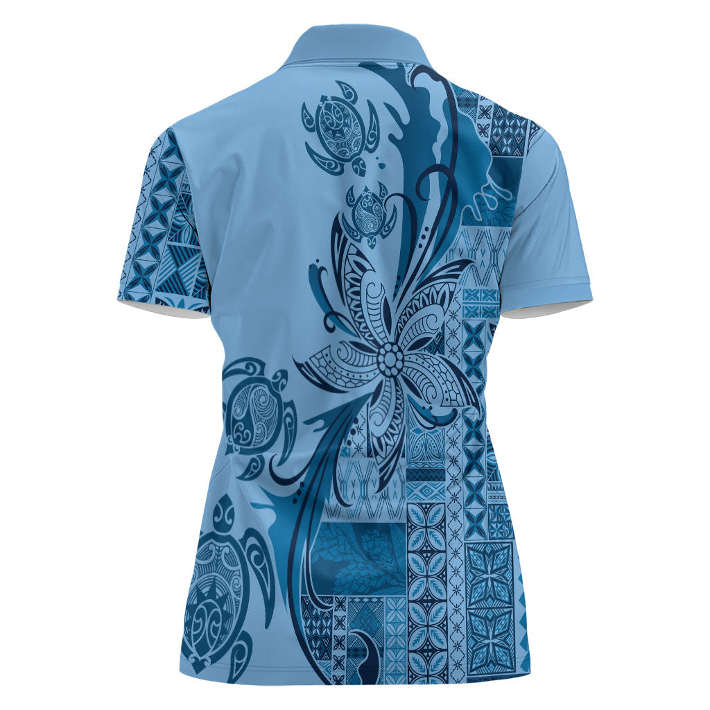 Talofa Samoa Mamanu Siapo Mix Malu Women Polo Shirt Cool Blue Frangipani and Turtles