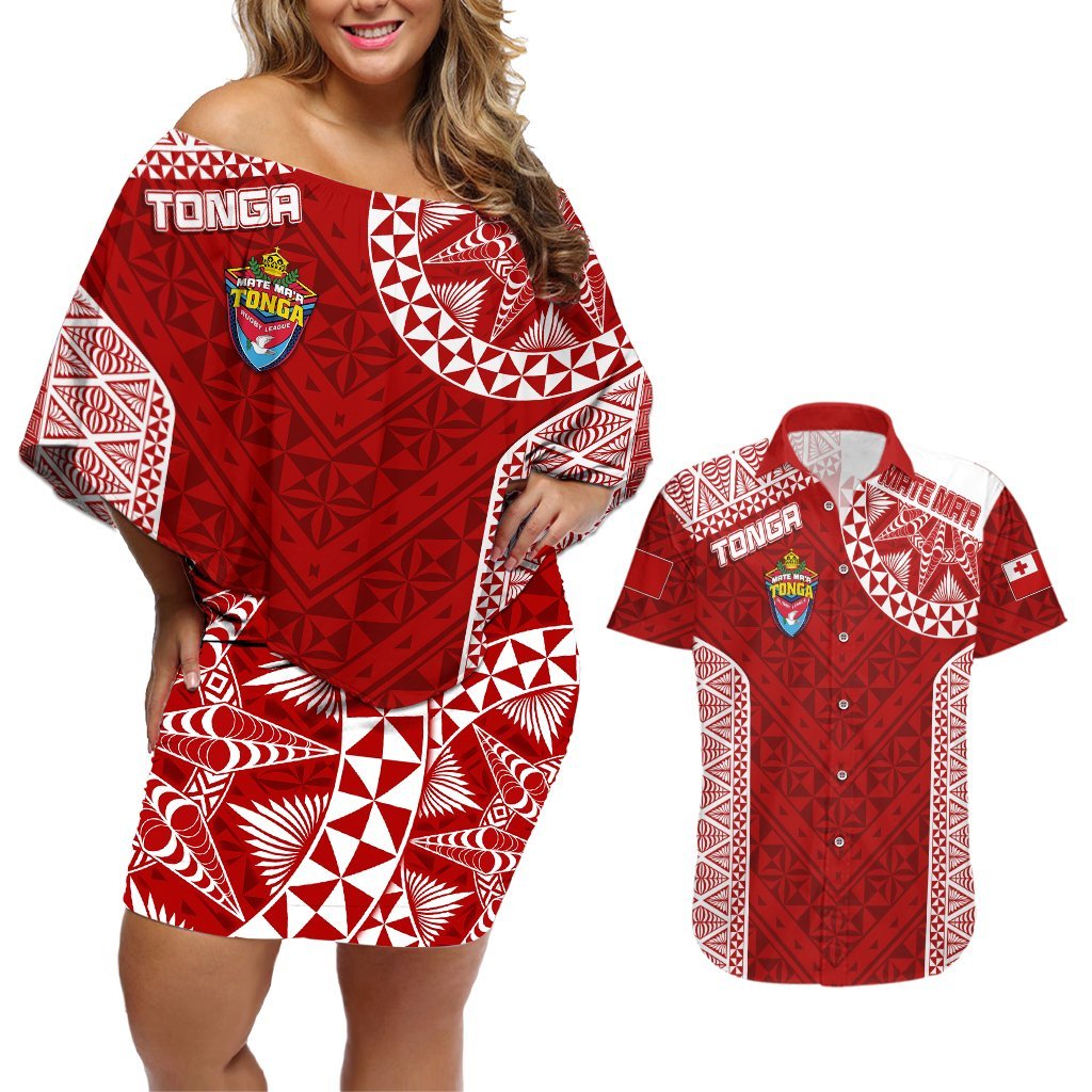 Personalised Tonga Rugby Couples Matching Off Shoulder Short Dress and Hawaiian Shirt Mate Ma'a Tonga Champions LT7 Red - Polynesian Pride