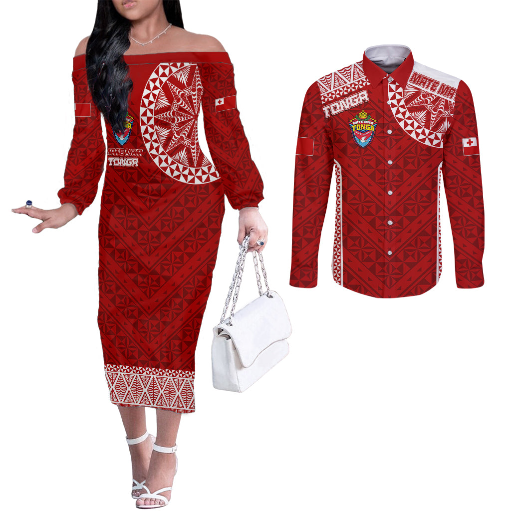 Personalised Tonga Rugby Couples Matching Off The Shoulder Long Sleeve Dress and Long Sleeve Button Shirts Mate Ma'a Tonga Champions LT7 Red - Polynesian Pride