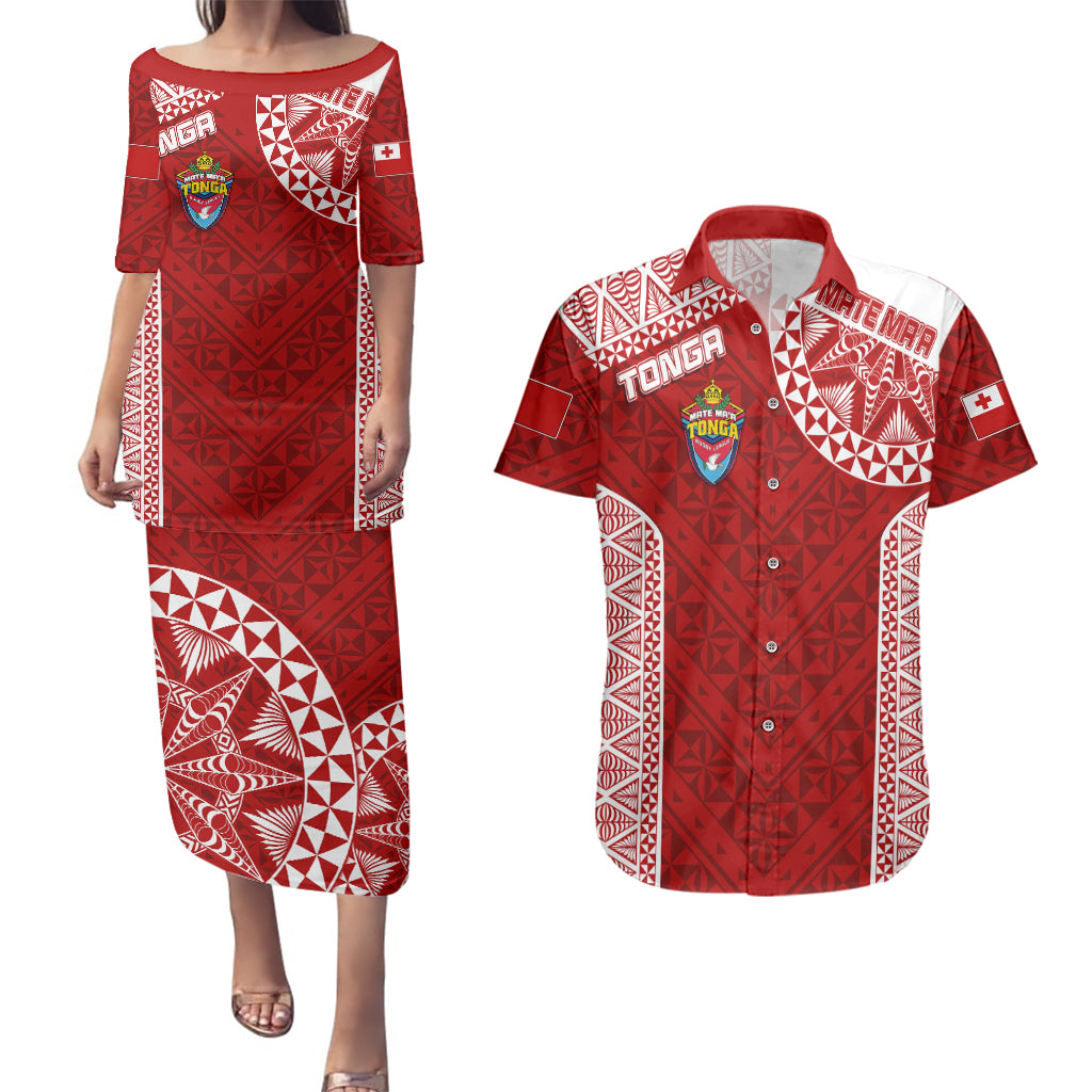 Personalised Tonga Rugby Couples Matching Puletasi Dress and Hawaiian Shirt Mate Ma'a Tonga Champions LT7 Red - Polynesian Pride