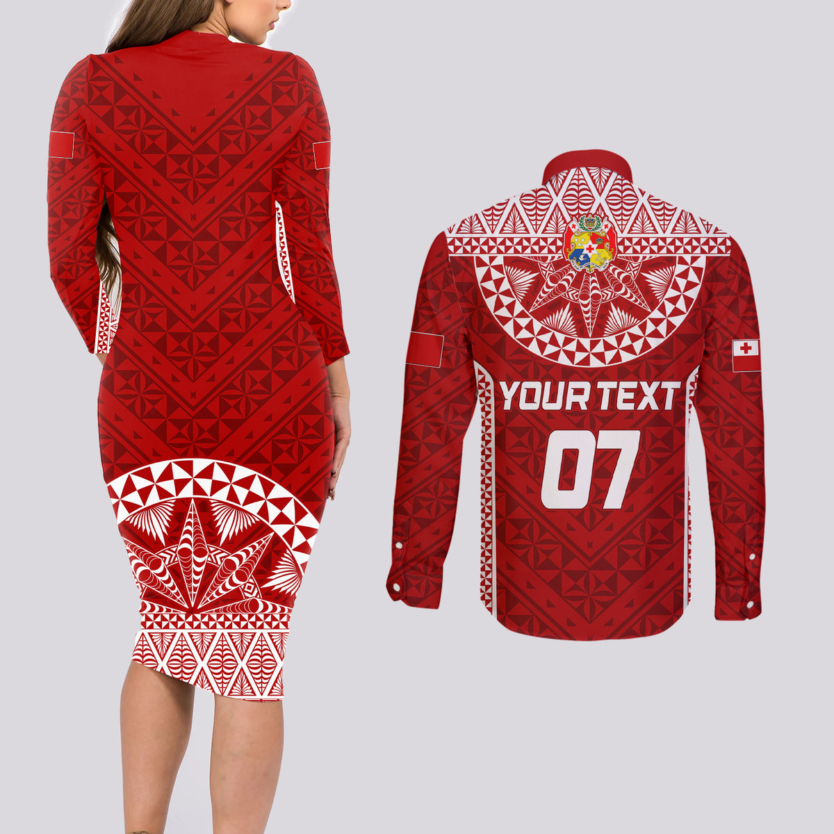 Personalised Tonga Rugby Couples Matching Long Sleeve Bodycon Dress and Long Sleeve Button Shirts Ikale Tahi Champions World Cup 2023 LT7 - Polynesian Pride