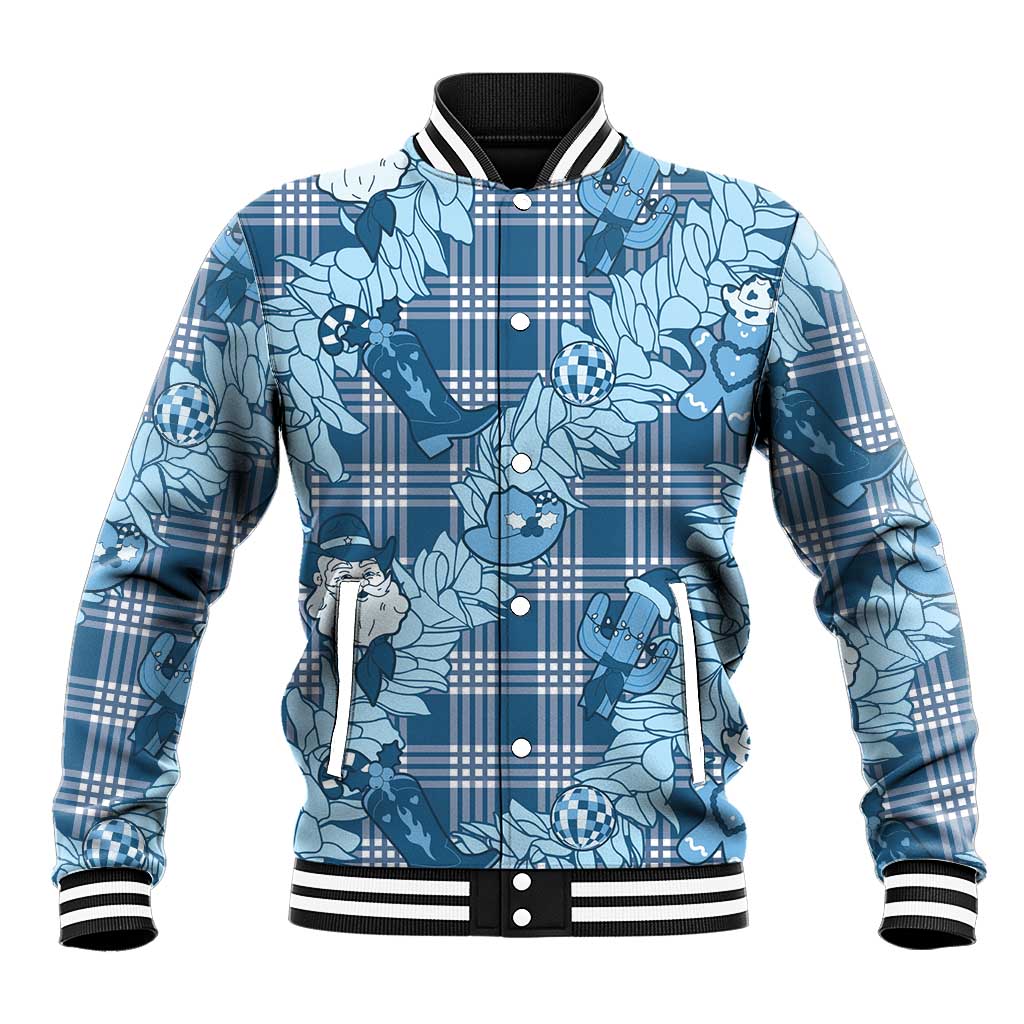 Blue Palaka Hawaii Cowboy Christmas Baseball Jacket Paniolo Mix Maile Lei - Polynesian Pride