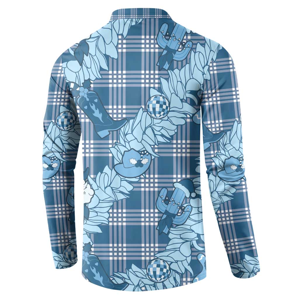 Blue Palaka Hawaii Cowboy Christmas Button Sweatshirt Paniolo Mix Maile Lei - Polynesian Pride