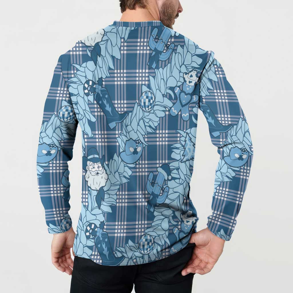 Blue Palaka Hawaii Cowboy Christmas Button Sweatshirt Paniolo Mix Maile Lei - Polynesian Pride