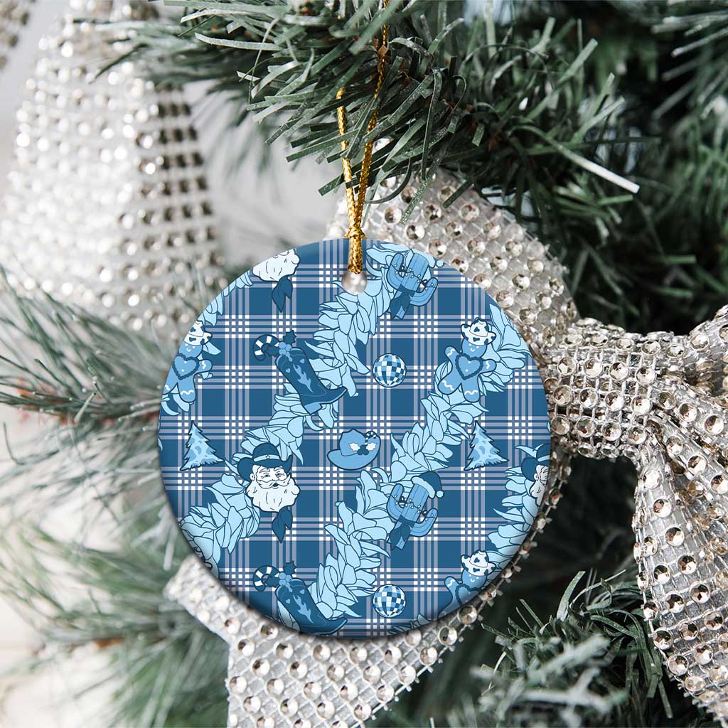 Blue Palaka Hawaii Cowboy Christmas Ceramic Ornament Paniolo Mix Maile Lei - Polynesian Pride