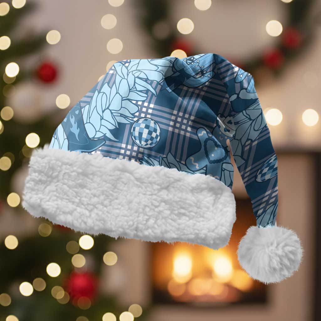 Blue Palaka Hawaii Cowboy Christmas Santa Hat Paniolo Mix Maile Lei - Polynesian Pride