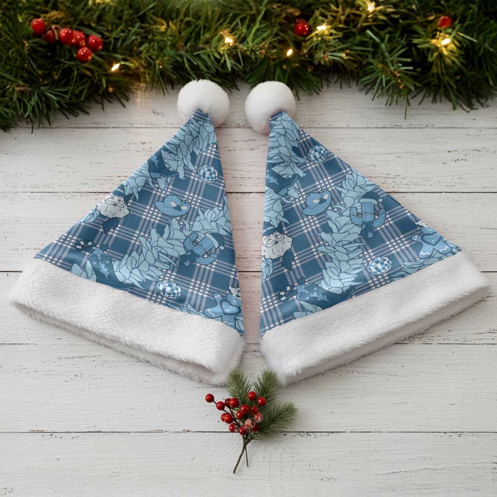 Blue Palaka Hawaii Cowboy Christmas Santa Hat Paniolo Mix Maile Lei - Polynesian Pride