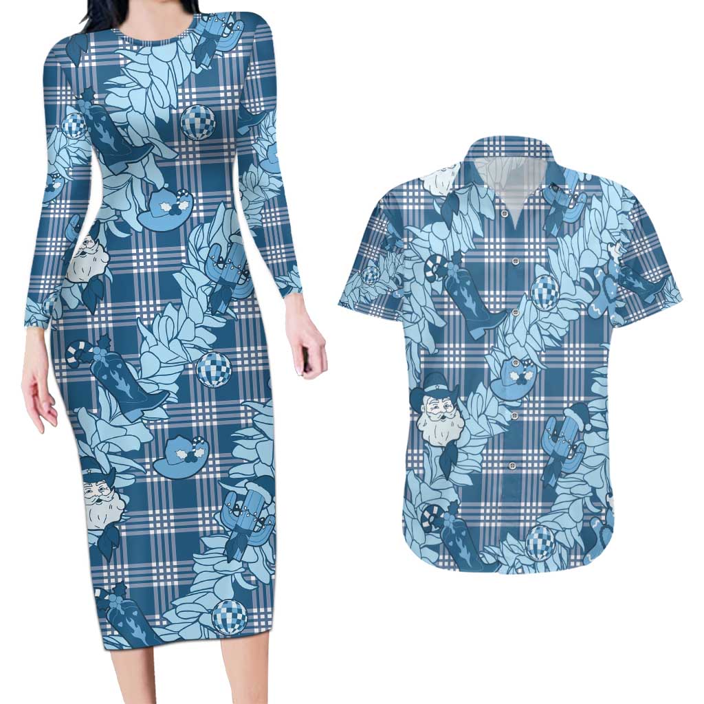 Blue Palaka Hawaii Cowboy Christmas Couples Matching Long Sleeve Bodycon Dress and Hawaiian Shirt Paniolo Mix Maile Lei LT7 Blue - Polynesian Pride